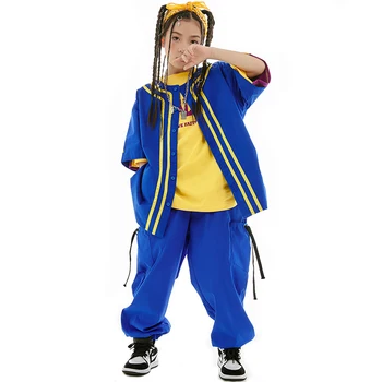 Детская одежда в стиле хип-хоп, одежда для уличных танцев, костюм для джазового выступления для девочек, короткие рукава, синее пальто, Брюки, свободная футболка BL10461